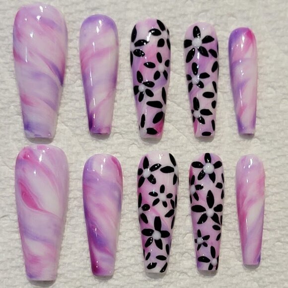 Spring pink watercolor marble 90s y2k floral Hand painted press on nails coffin - Picture 2 of 2